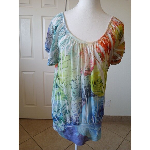FANG Y2K Blouse Women’s  Multicolor Sheer Pleated Scoop Neck  W/Elastic Waist L - Picture 1 of 15